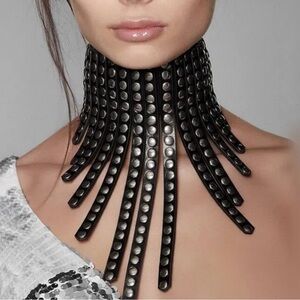 New Black Vegan Leather with silver studs Fringe Collar Statement Necklace